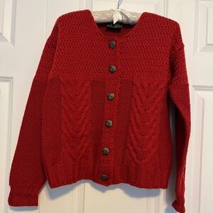 Carraig Donn Women's Irish Merino Wool Red Cable Knit Cardigan Sweater sz Small